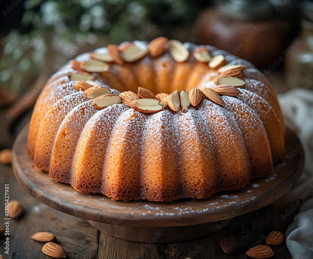Poster delicious bundt cake topped with almonds and dusting of powdered sugar styled for baking promotions 