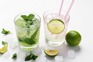 Fototapeta premium Two refreshing summer cocktails with lime, mint, and ice in glasses.