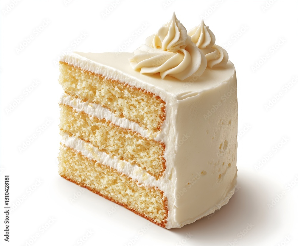Poster appealing slice of fluffy vanilla cake topped with rich cream and decorated with a swirl on a bright