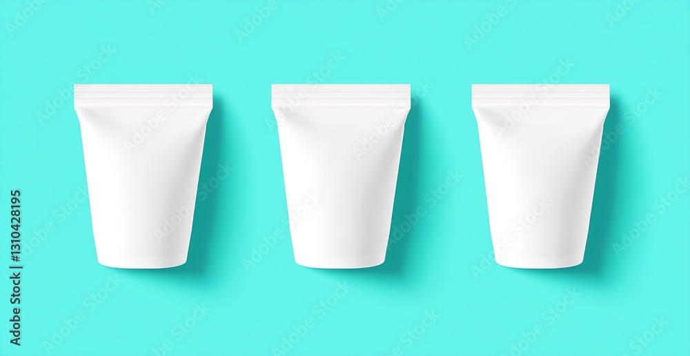 Poster Three white plastic cups set against a bright turquoise backdrop creating a striking visual for product displays : Generative AI