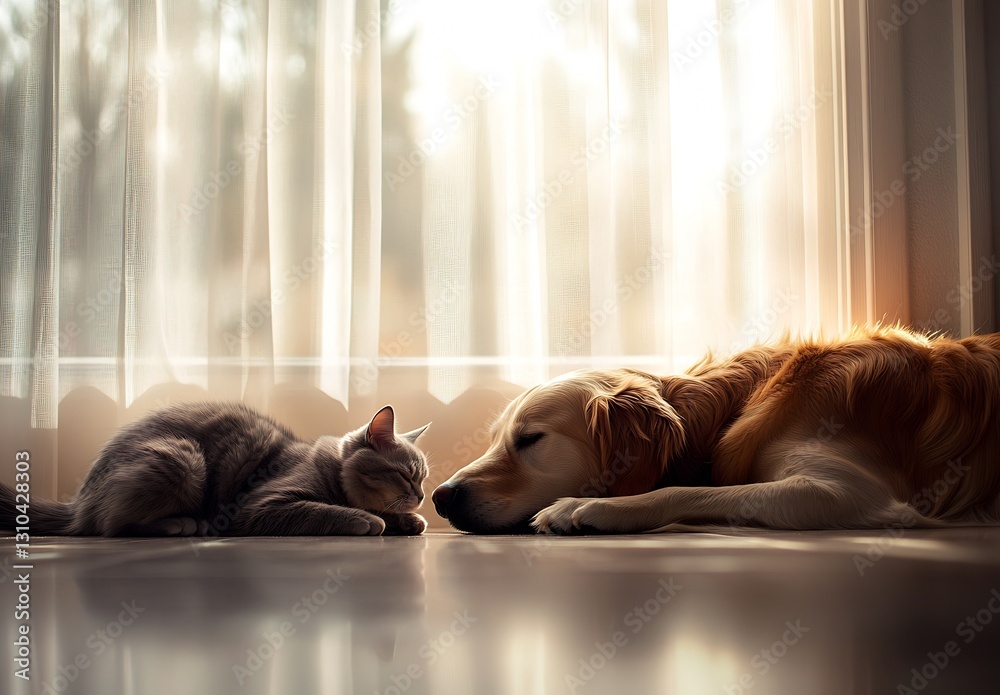 Poster charming scene of a fluffy cat and a golden retriever dog resting peacefully on a shiny floor beside