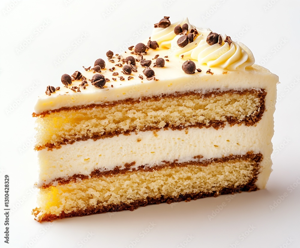 Poster luscious slice of vanilla cake layered with rich cream and topped with chocolate sprinkles on a ligh