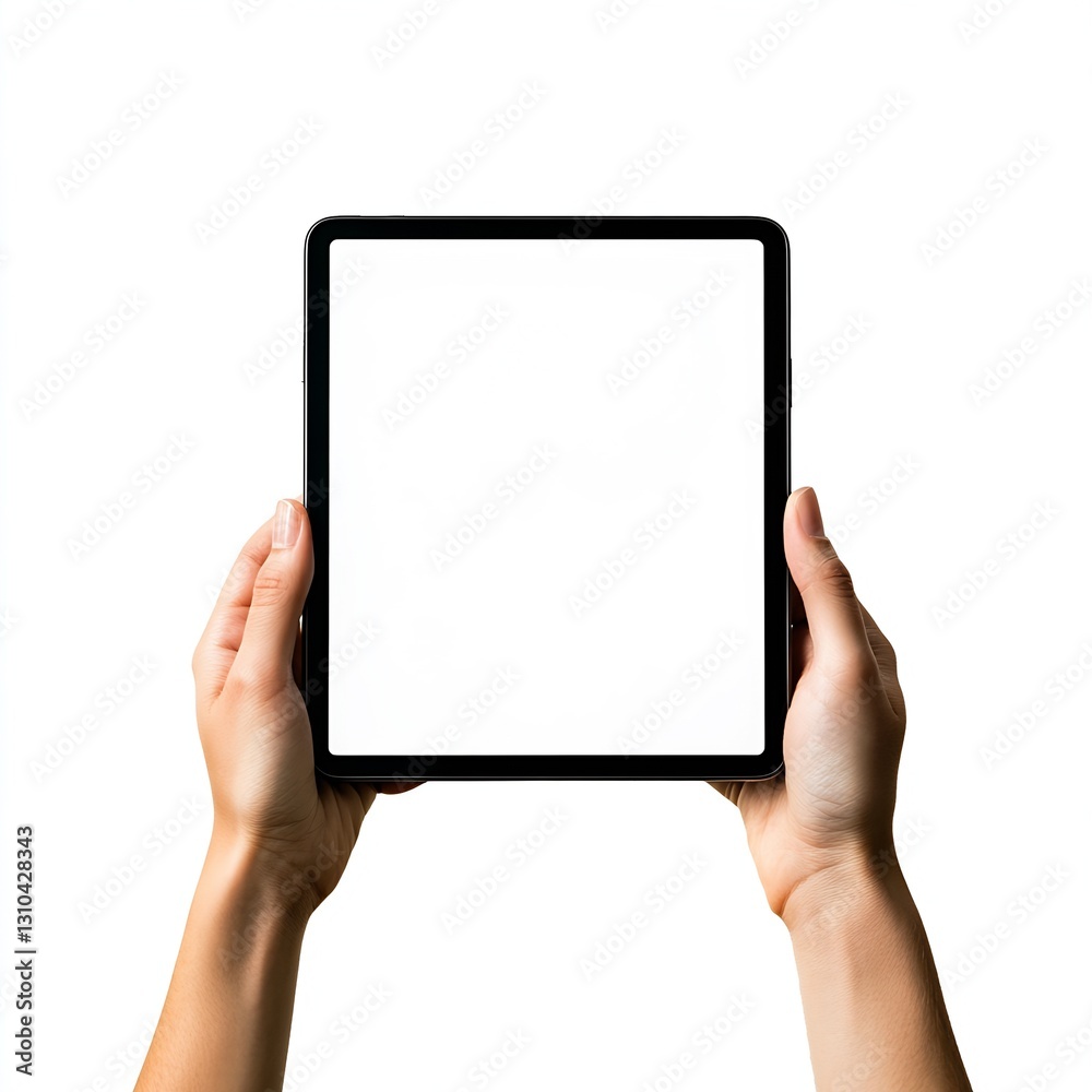 Aufkleber Two Hands Presenting a Blank Tablet on a White Background for Digital Content Creation : Generative AI