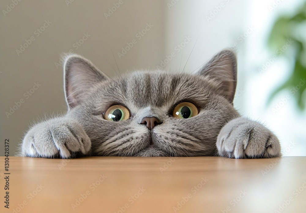 Poster charming gray cat with expressive eyes peeking over a table portraying curiosity and innocence : gen