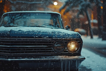 Fototapeta premium Vintage Car Covered in Snow on a Winter Evening with Soft Street Light Glow