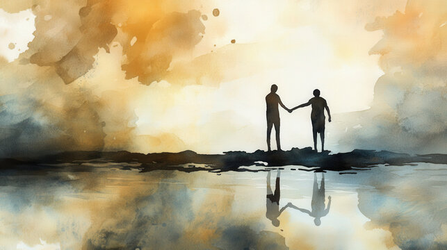 A watercolor painting of two figures standing on a misty shoreline, one reaching out toward the other