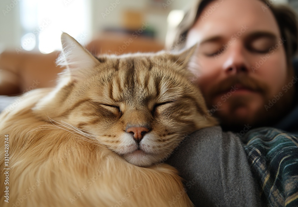 Poster closeup of content cat snuggling with a relaxed person on a cozy couch : generative ai