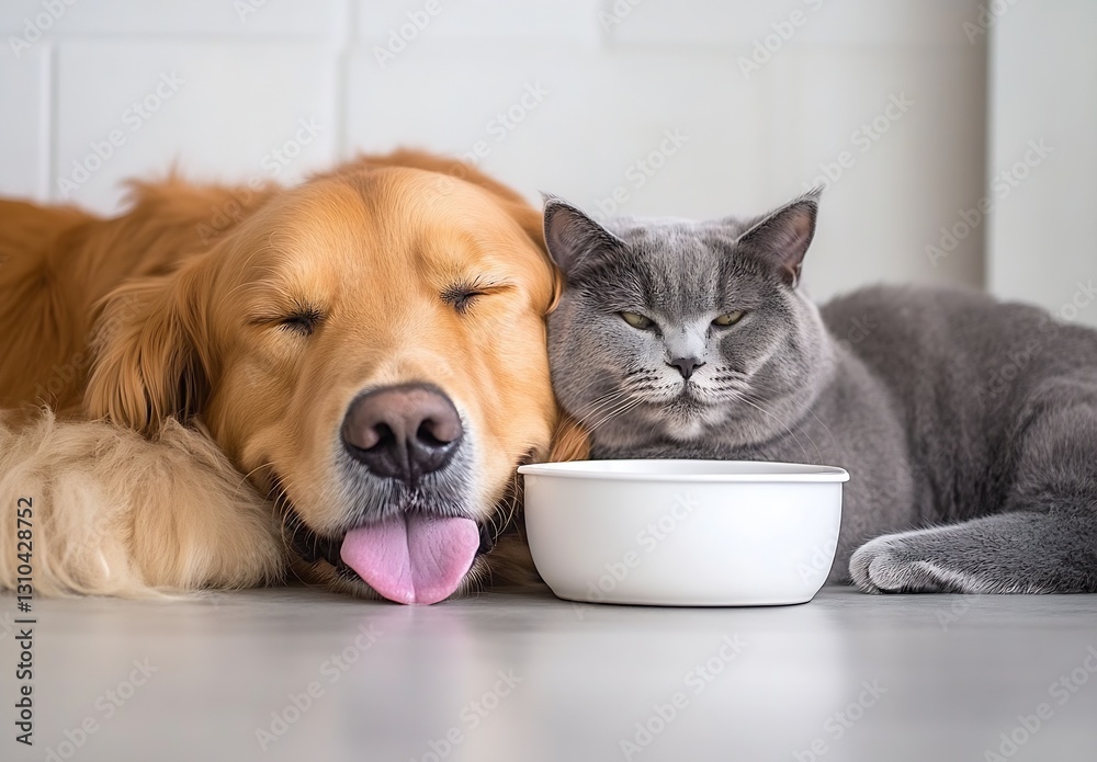 Poster golden retriever napping with gray cat next to a food bowl in a sunlit indoor space : generative ai
