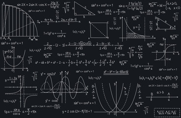School-themed background with geometric formulas, equations and graphs. School blackboard with equations. Illustration is suitable for advertising of educational platforms, websites related to science © Andrew L