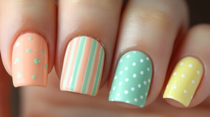 Trendy pastel nail art showcasing polka dots, stripes, and geometric patterns in soft colors