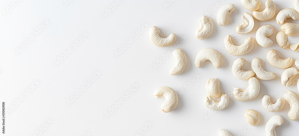 Poster a scattered arrangement of raw cashew nuts on a clean white background illustrating healthy snacking