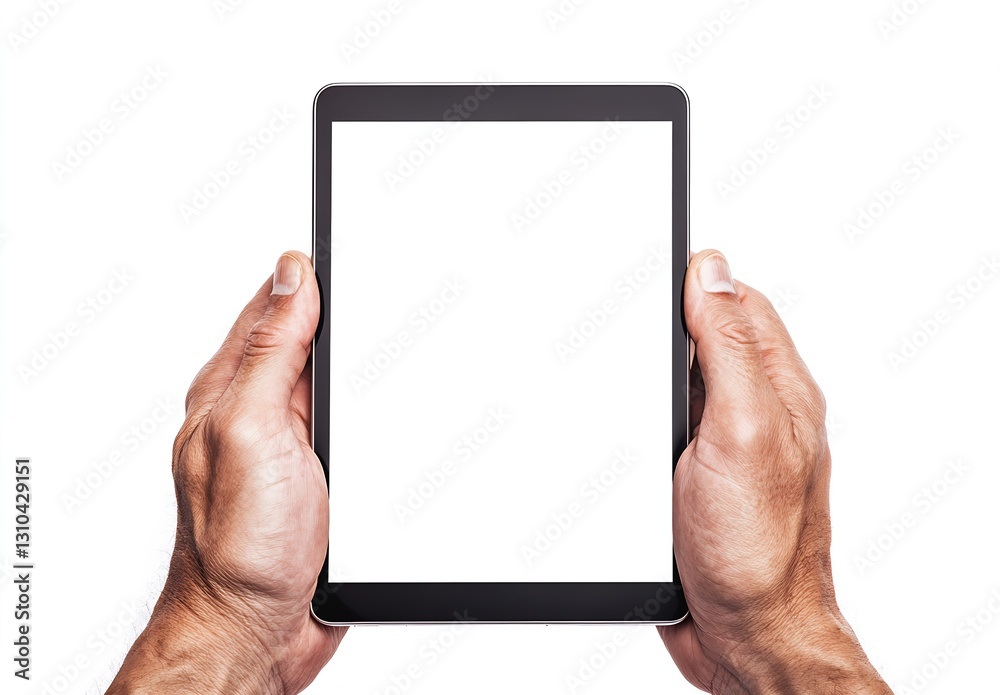 Poster Tablet device being held by hands showcasing a clean screen for a presentation : Generative AI