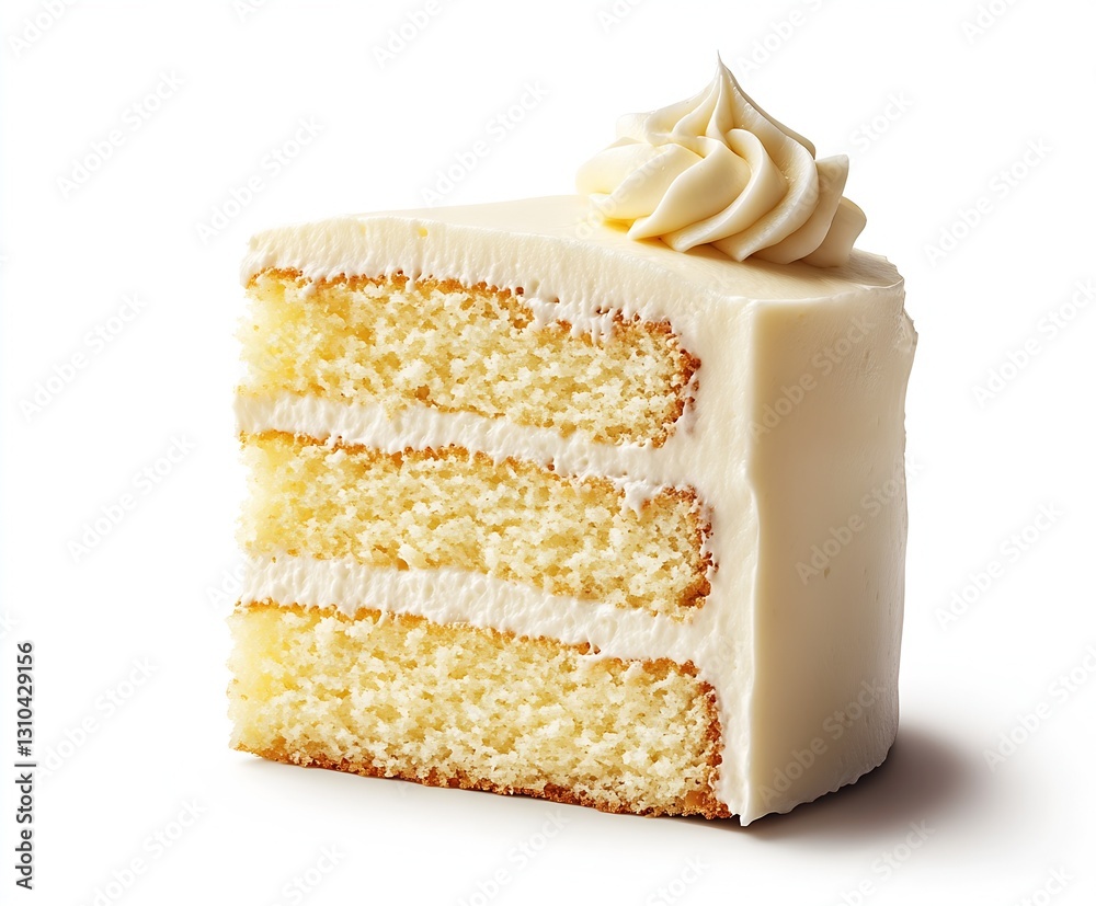 Aufkleber Enticing slice of moist vanilla cake layered with creamy frosting on a plain white background : Generative AI