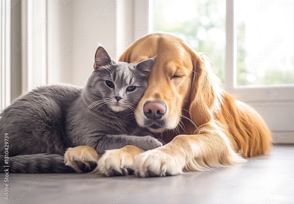 Poster charming golden retriever and grey cat cuddling together in a cozy home environment : generative ai