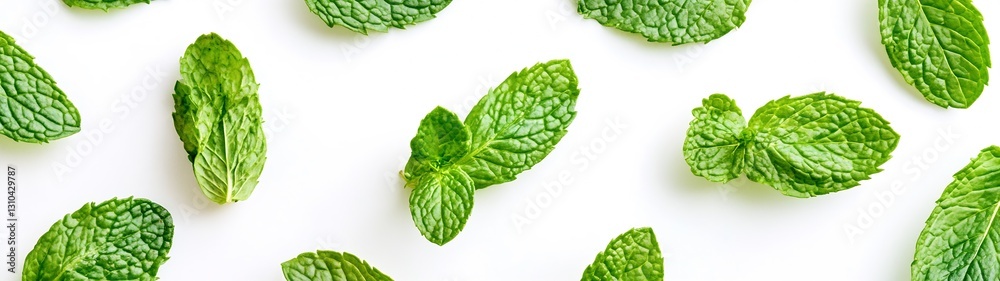 Poster scattered fresh mint leaves on a white background creating a vibrant and eyecatching natural design 
