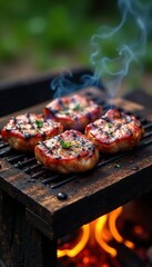 Charred meat on a rustic wooden grill over a campfire, trees, campfire, outdoors
