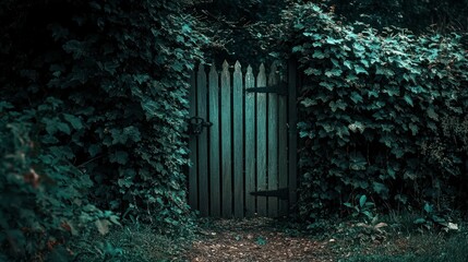 Enchanted Wooden Gate Surrounded by Lush Greenery and Overgrown Vines in a Mystical Forest