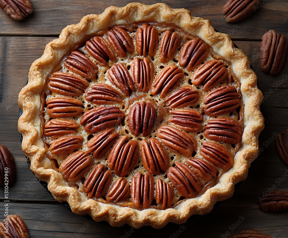Poster homemade pecan pie fresh from the oven adorned with shiny nuts in golden flaky crust for dessert : g