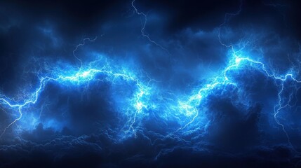 Powerful blue lightning storm in the sky