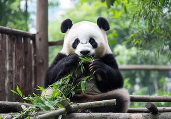 Obraz premium Curious Panda Eating Bamboo with a Joyful Expression in a Lush Green Environment : Generative AI