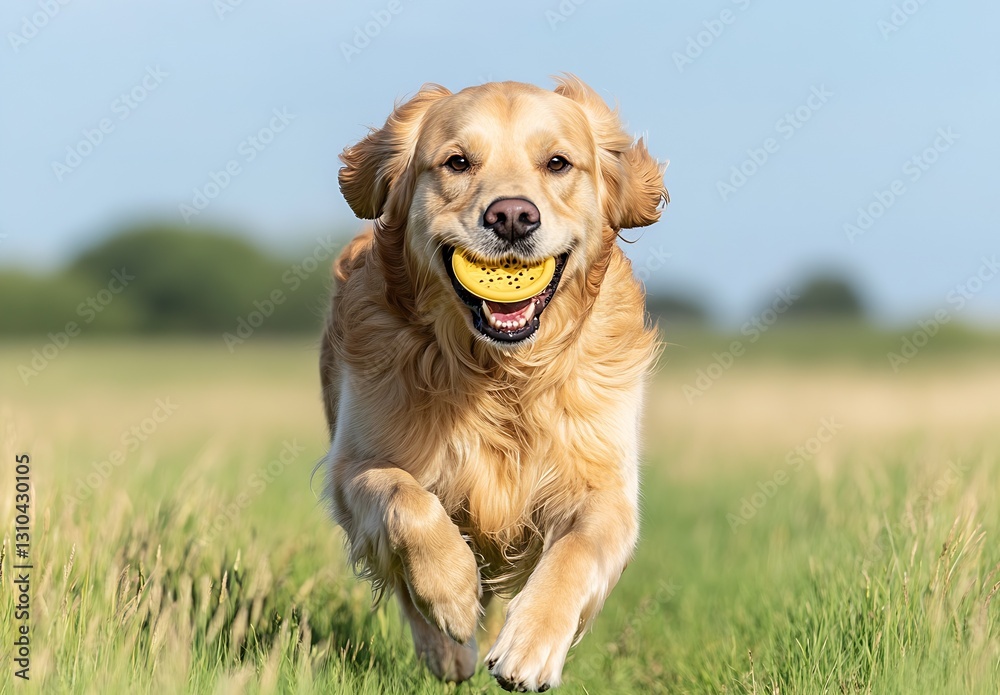 Aufkleber golden retriever energetically running with a playful yellow ball in an open field under a clear blu