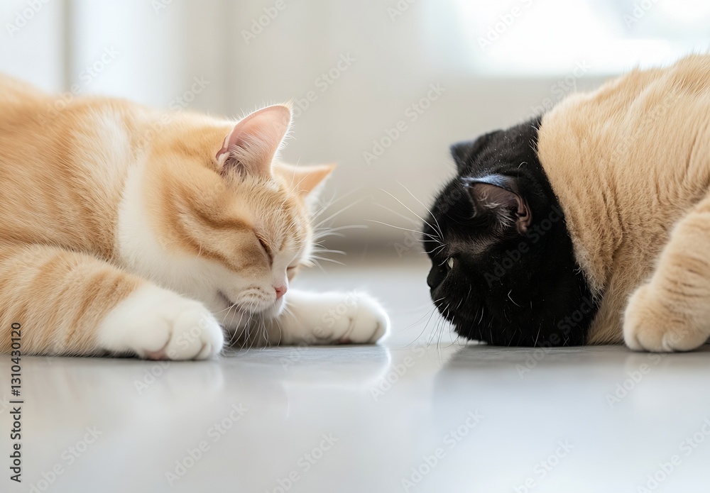 Poster two relaxed cats taking a nap side by side in sunlit indoor space : generative ai