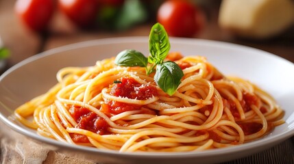 Delicious Spaghetti with Tomato Sauce Basil Garnish Italian Food Pasta Dish Home Cooking Recipe Mediterranean Cuisine Tasty Dinner Plate Red Sauce    