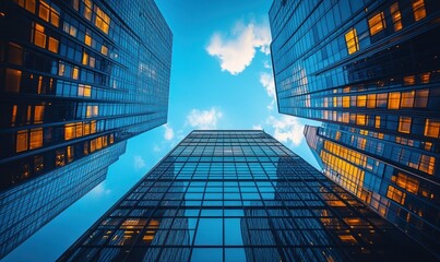 Stunning View of Modern Skyscrapers Under Clear Blue Sky with Cloud Reflections