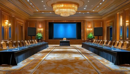 Fototapeta premium Elegant Conference Room Setup with Large Chandelier and Modern Technology for Business Meetings