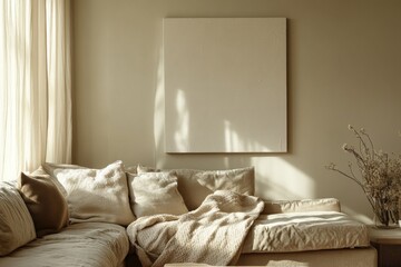 Beige living room with linen sofa,  blank canvas, and sunlight.