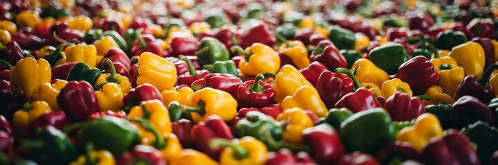 Mix of red, yellow and green bell peppers scattered randomly, fully covering background, with focus on  crisp and juicy textures, top view