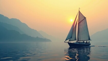 Fototapeta premium Classic sailing boat silhouette against a foggy sea background, classic, monochrome, sea