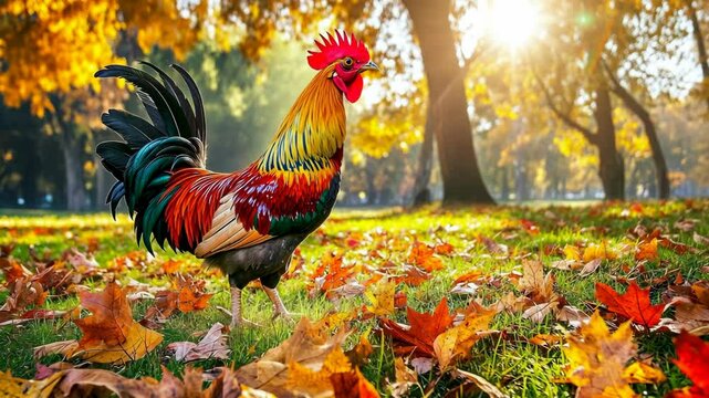 Colorful rooster proudly struts through autumn leaves in a vibrant park during sunset