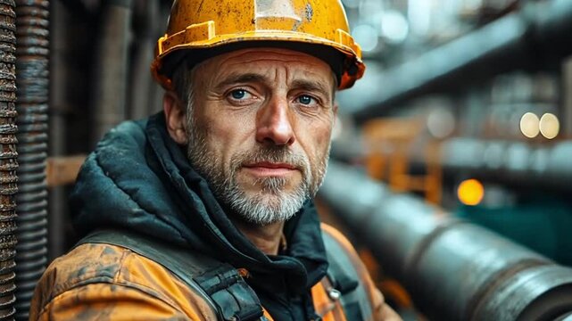 Industrial worker, focused, factory background, safety equipment, potential for workplace safety or industrial work