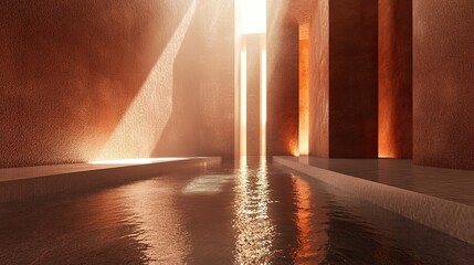 Serene Modern Architecture with Water Reflection and Warm Lighting