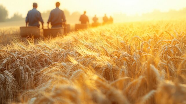 Harvest workers gathering wheat in a sunlit field during early evening hours