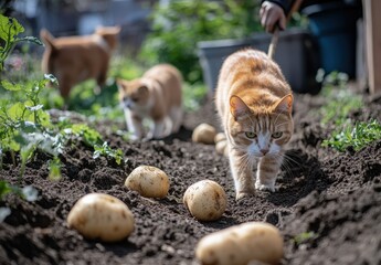 Fototapeta premium Curious Ginger Cat Walking Through Garden Rows Surrounded by Freshly Harvested Potatoes Under Bright Sunlight with Other Cats in Background