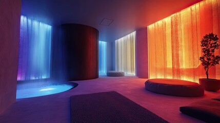 Serene Modern Spa Interior with Colorful Lights and Water Features