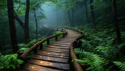 Obraz premium Serene Wooden Pathway Through Lush Green Forest with Fog and Ferns