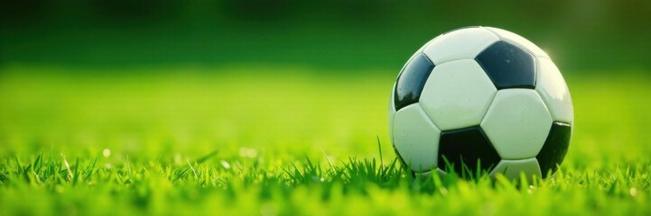 Fototapeta premium Closeup of soccer ball with slight movement on lush green grass, soccer ball, green grass, terrain