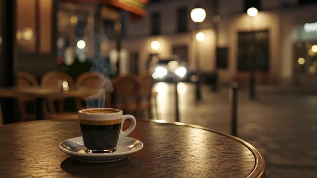 Paris night with Steaming Coffee Cup on Cafe Table at Night in Empty Street