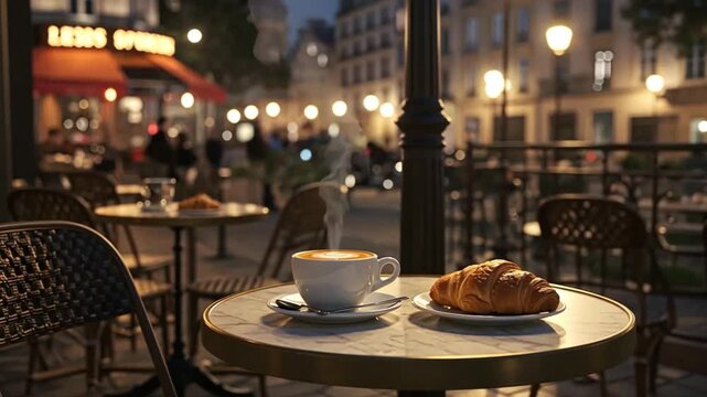 Paris night with Enjoying Coffee and Croissant at Parisian Cafe at Night