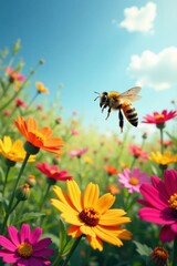 Fototapeta premium Colorful bee flying over a field of vibrant flowers, insects, bees, floral