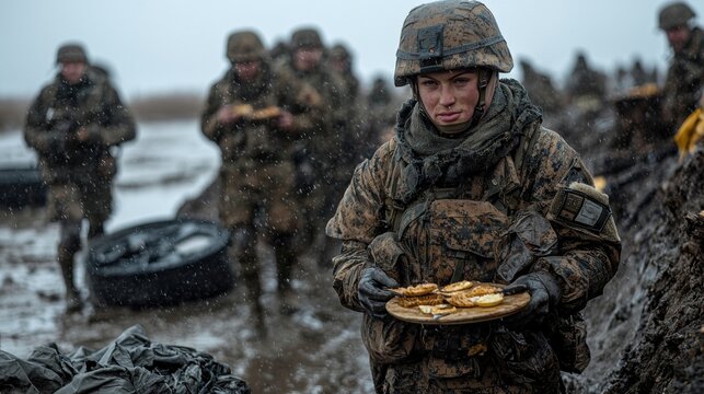 Soldiers in muddy terrain hold plates of food during a rainy military training exercise near a river