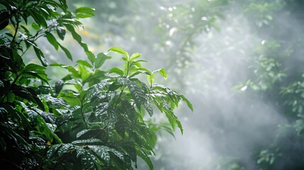 Obraz premium Lush Green Leaves with Mist in a Tropical Rainforest Scene