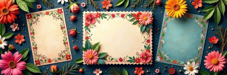 Colorful postcards with intricate designs and patterns, surrounded by natural elements like flowers, leaves and branches, stationery, paper crafts,