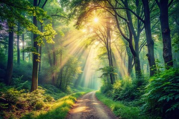 Fototapeta premium Dreamy Vintage Nature Scene: Misty Forest Path at Dawn