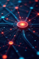 Complex network diagram illustrating technological connections, IT systems, tech, cloud computing