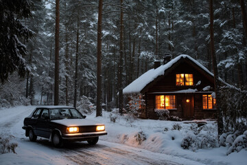 Cozy winter cabin in forest at night with warm lights and car in snow-covered landscape