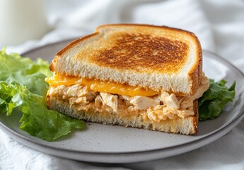 Delicious grilled sandwich with melted cheese, shredded chicken, and fresh lettuce served on a textured plate against a soft background